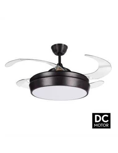 Ventilador de techo Simun marrón y palas transparentes Motor DC Fabrilamp DC119591402 Ø55-107 altura 36 cm, Ventiladores de tech