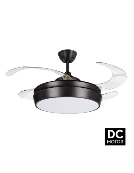 Ventilador de techo Simun marrón y palas transparentes Motor DC Fabrilamp DC119591402 Ø55-107 altura 36 cm, Ventiladores de tech