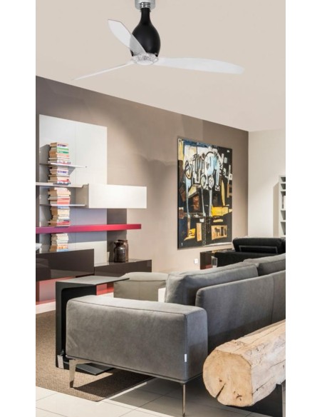 Ventiladores de techo motor DC MINI ETERFAN 32027 FARO ø128 cm negro mate palas transparentes con mando, Ventiladores sin luz