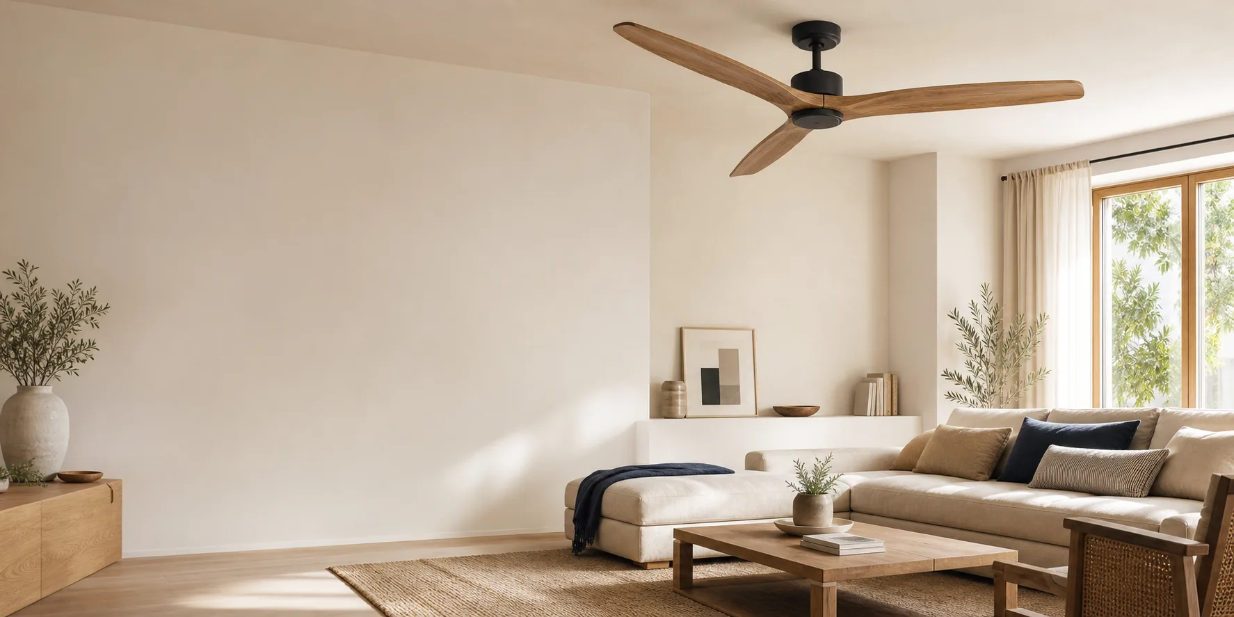 Salón contemporáneo con ventilador de techo